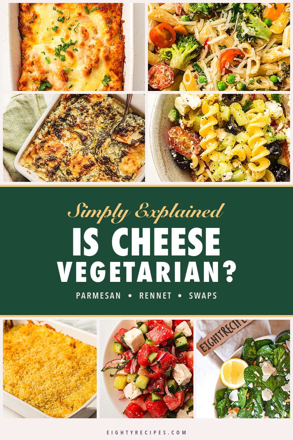 Is cheese vegetarian Pinterest graphic with baked pasta, pasta salad with feta, macaroni bake and spinach salad