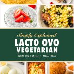 Lacto ovo vegetarian Pinterest graphic with chia pudding, Greek pasta salad, hard boiled eggs, baked ziti and pumpkin muffins