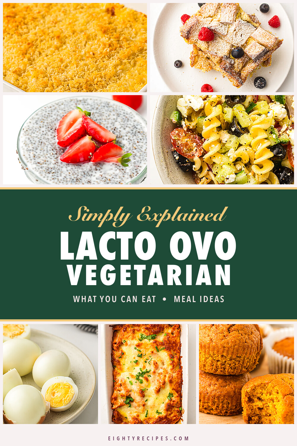 Lacto ovo vegetarian Pinterest graphic with chia pudding, Greek pasta salad, hard boiled eggs, baked ziti and pumpkin muffins