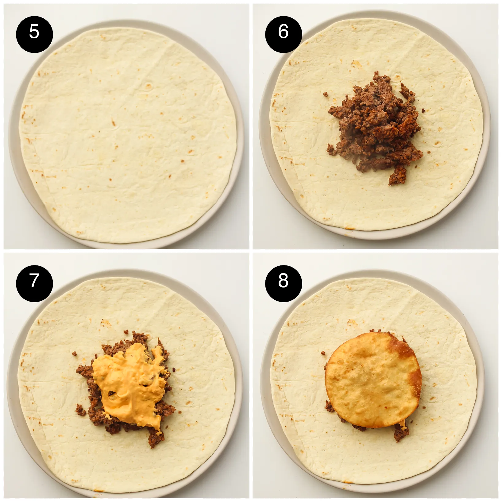Four step photos: a large flour tortilla, seasoned mince in the centre, orange cheese sauce on top and a crisp corn tostada pressed over it