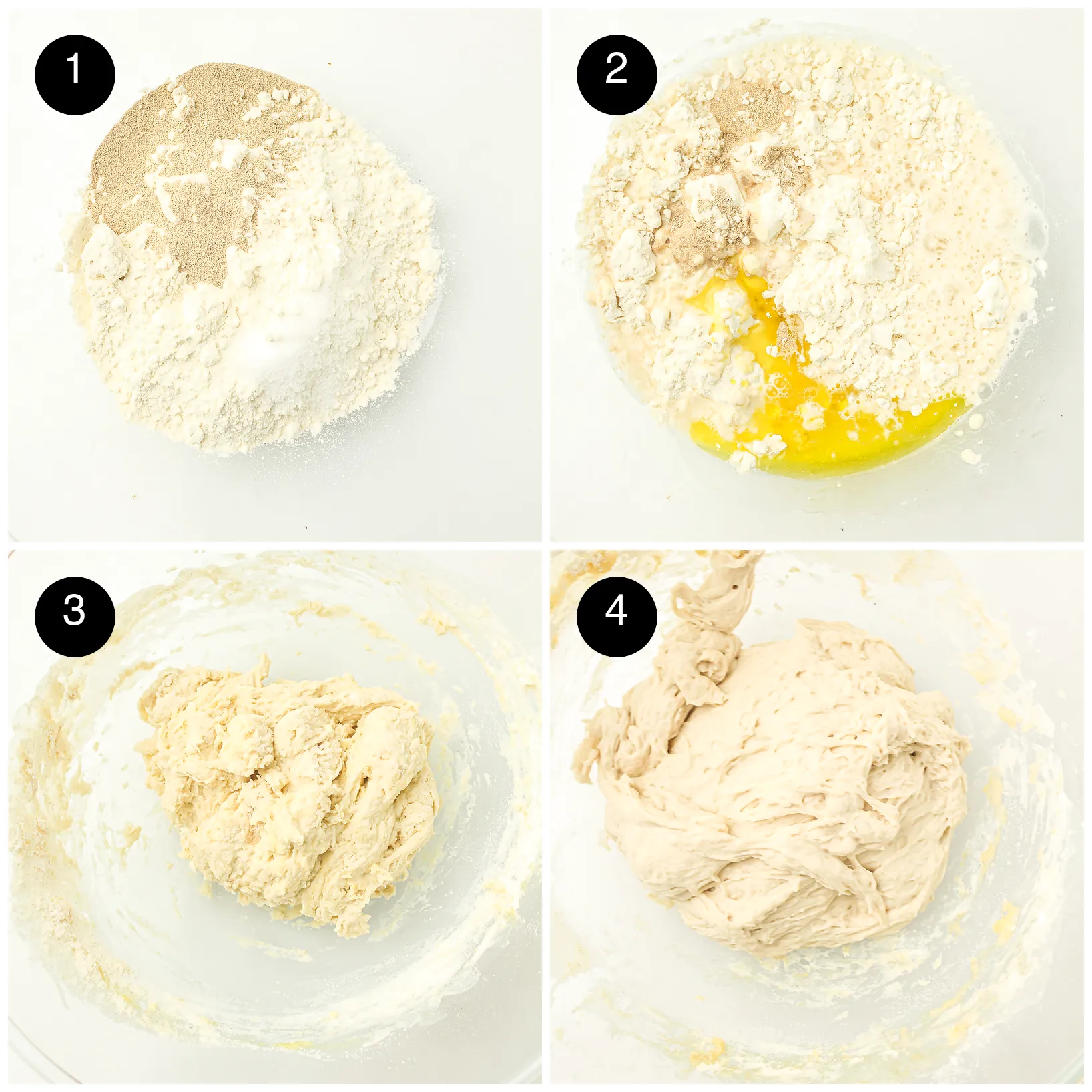 Four step photos: flour, yeast and salt in a glass bowl, water and oil added, a shaggy dough, then a smooth soft dough