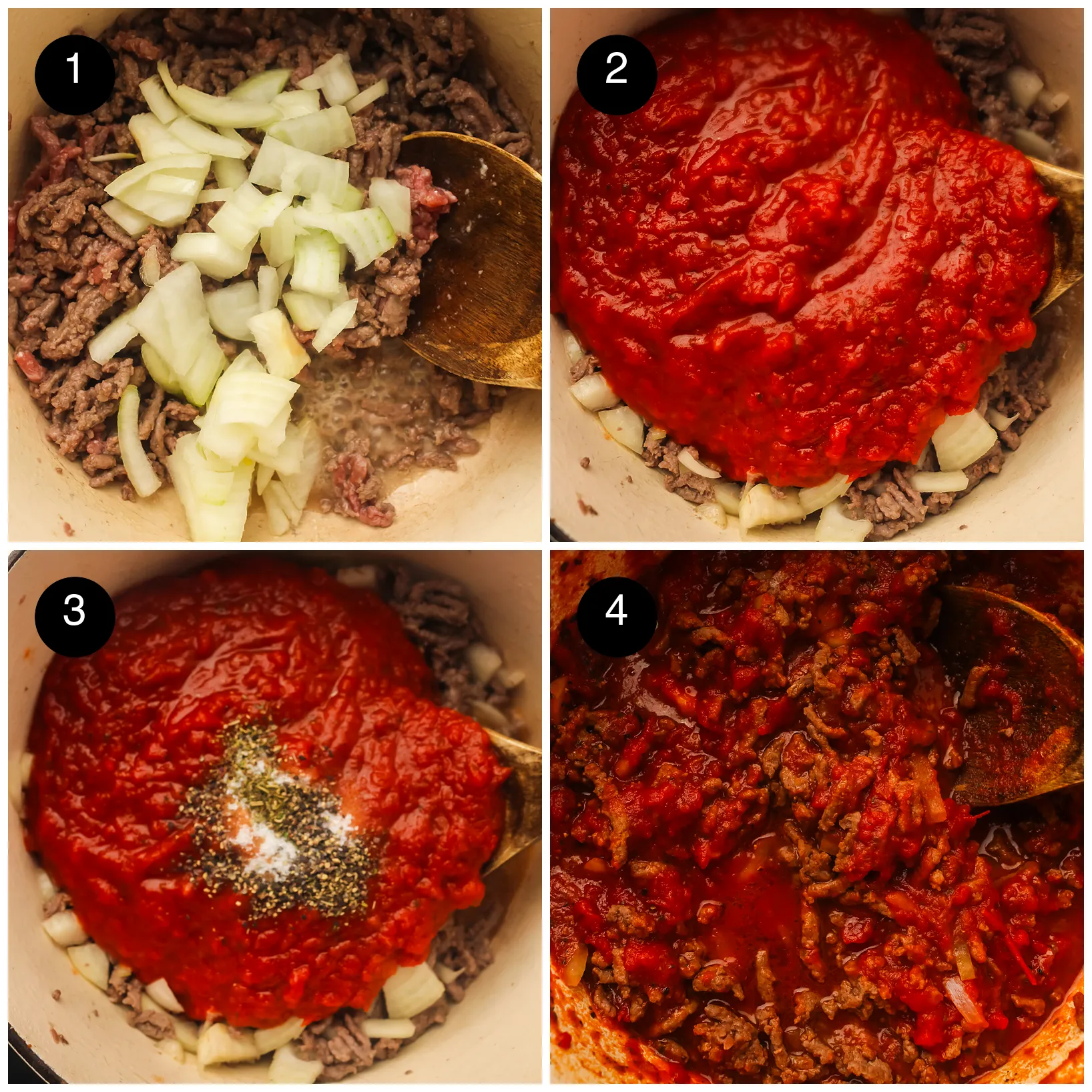 Four step photos: browned mince with diced onion, marinara added, seasoning sprinkled in, then the simmered meat sauce