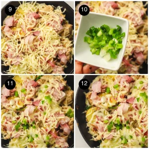 Shredded cheddar melting over the pan and sliced green onions scattered on top