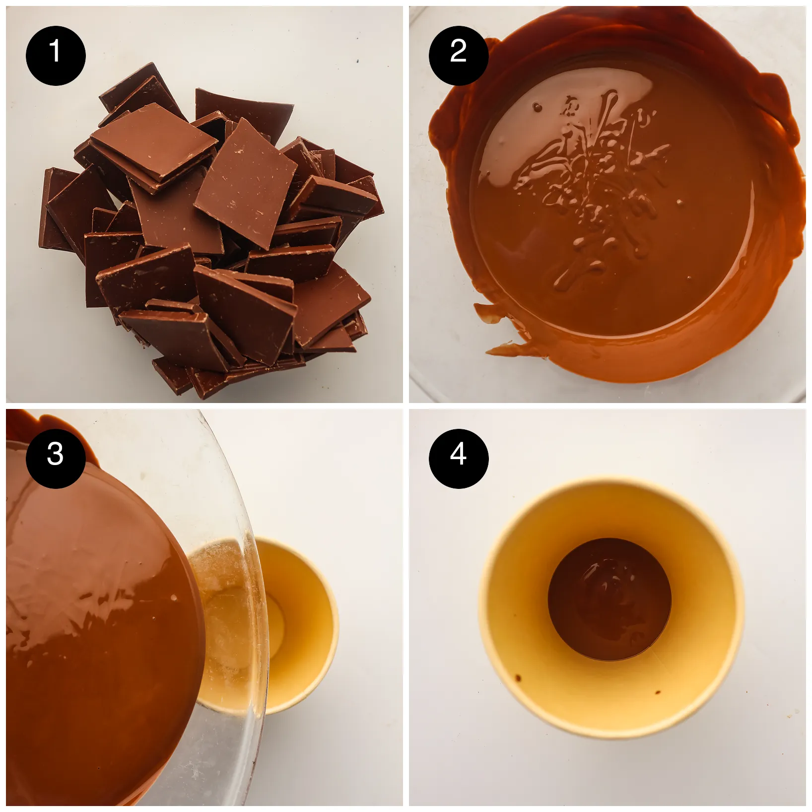 Four step photos: broken milk chocolate, melted until glossy, poured into a paper cup and settled at the bottom
