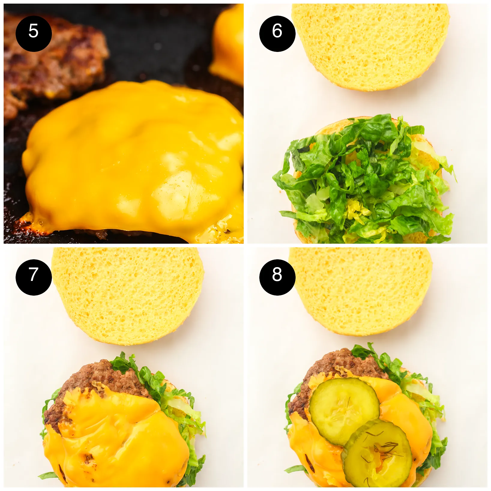 Four step photos: cheese melting on the hot plate, lettuce on a bun, a cheesy patty added and pickles on top