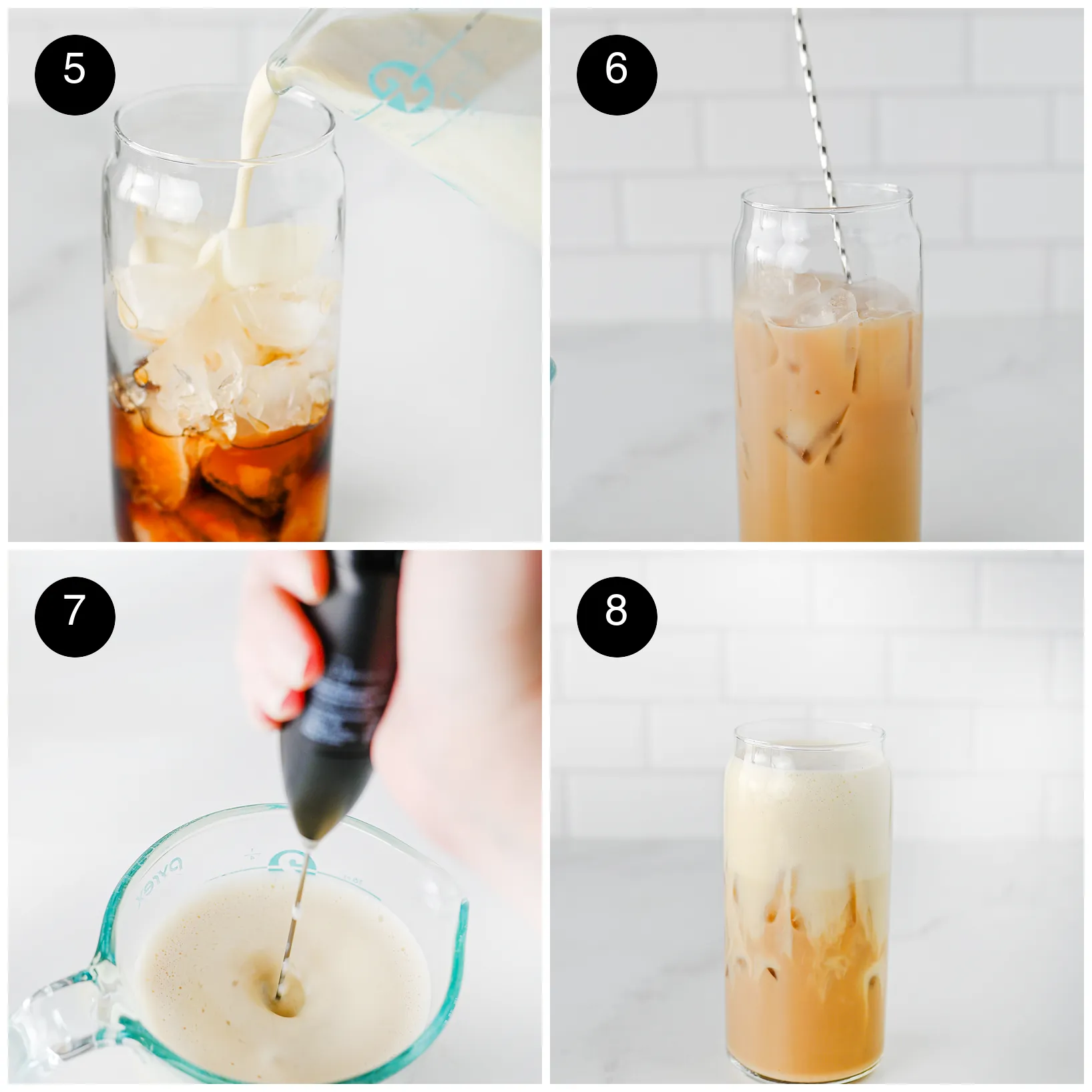 Four step photos: oat milk poured over ice, stirred with a long spoon, milk frothed with a handheld frother, then foam layered on top