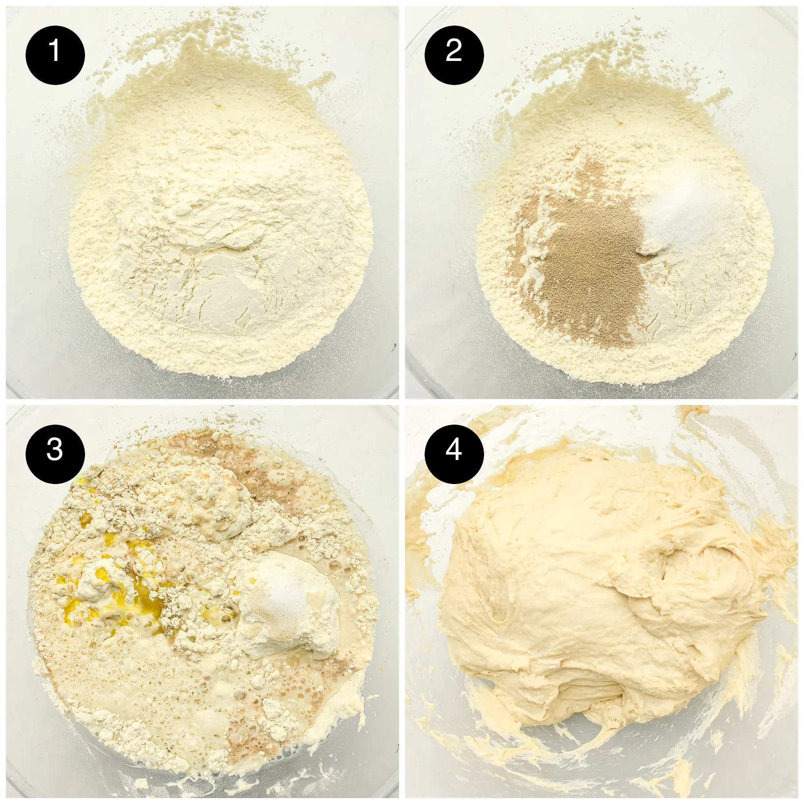 Four step photos: flour in a glass bowl, yeast and salt added, water and oil poured in, then a shaggy sticky dough