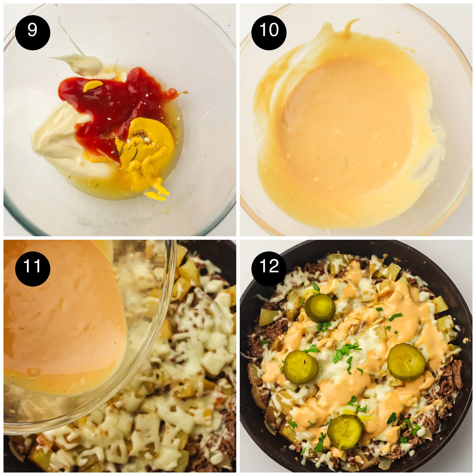 Four step photos: mayonnaise, ketchup and mustard in a bowl, the mixed pink sauce, sauce poured over cheese and the finished pan with pickles