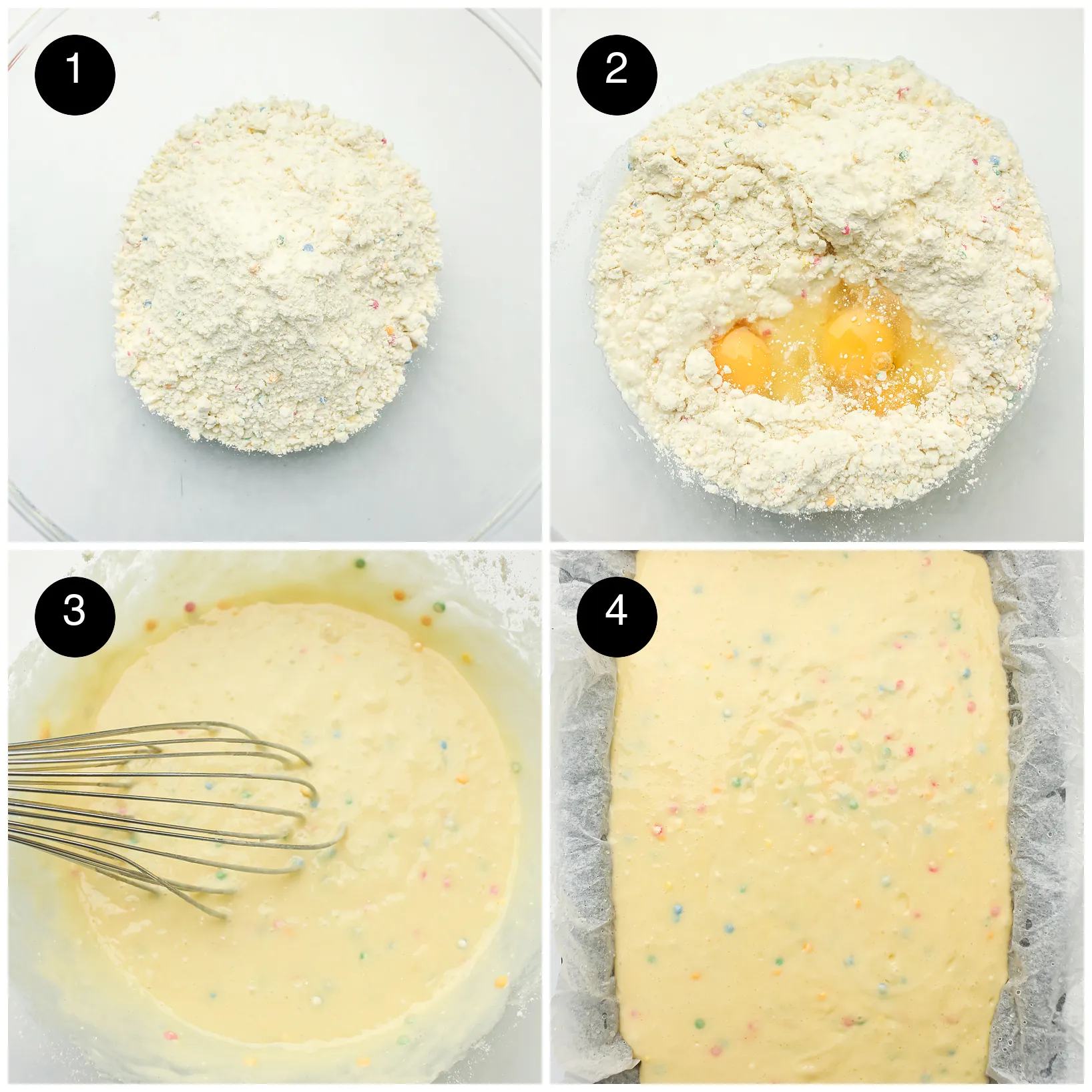 Four step photos: funfetti mix in a bowl, eggs added, batter whisked and spread in a lined tin