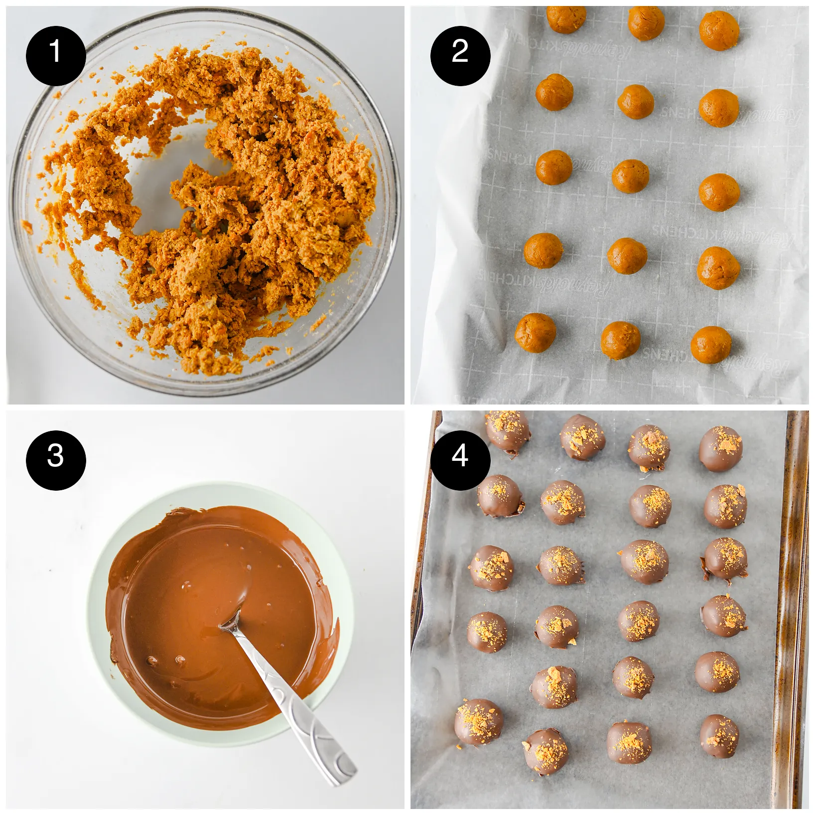 Four step photos: mixing the filling, rounds on parchment, melted chocolate and coated candies on a tray