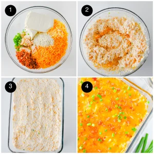 Four step photos: everything in a glass bowl, the mixture beaten smooth, spread into a baking dish, then baked golden with cheese on top