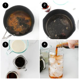 Four step photos: sugars and spices in a saucepan, the dark simmered syrup, oat milk with syrup and concentrate ready, then concentrate poured over ice