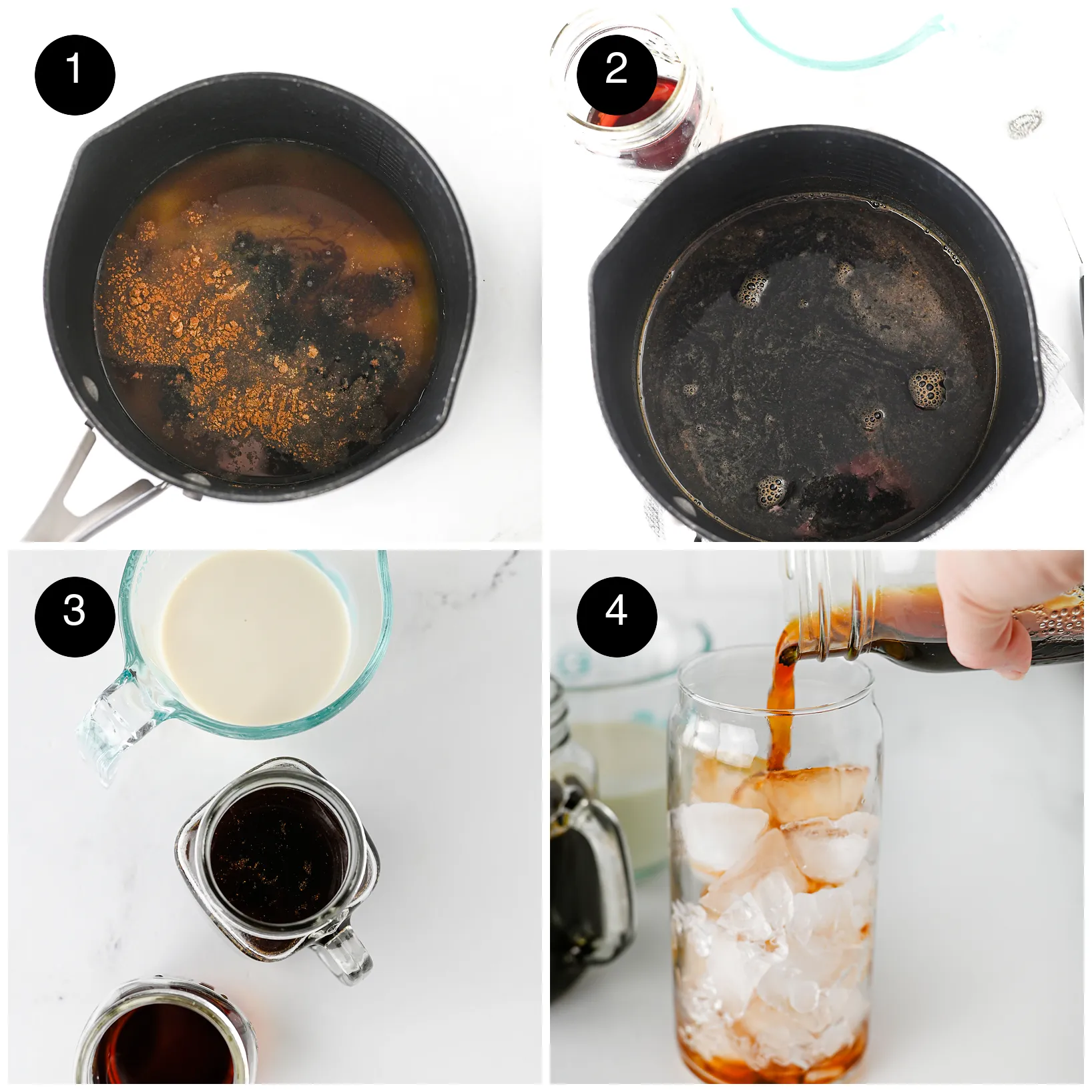 Four step photos: sugars and spices in a saucepan, the dark simmered syrup, oat milk with syrup and concentrate ready, then concentrate poured over ice