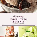 Ninja Creami recipes pin with cookies and cream, strawberry cheesecake and mint chocolate chip scoops