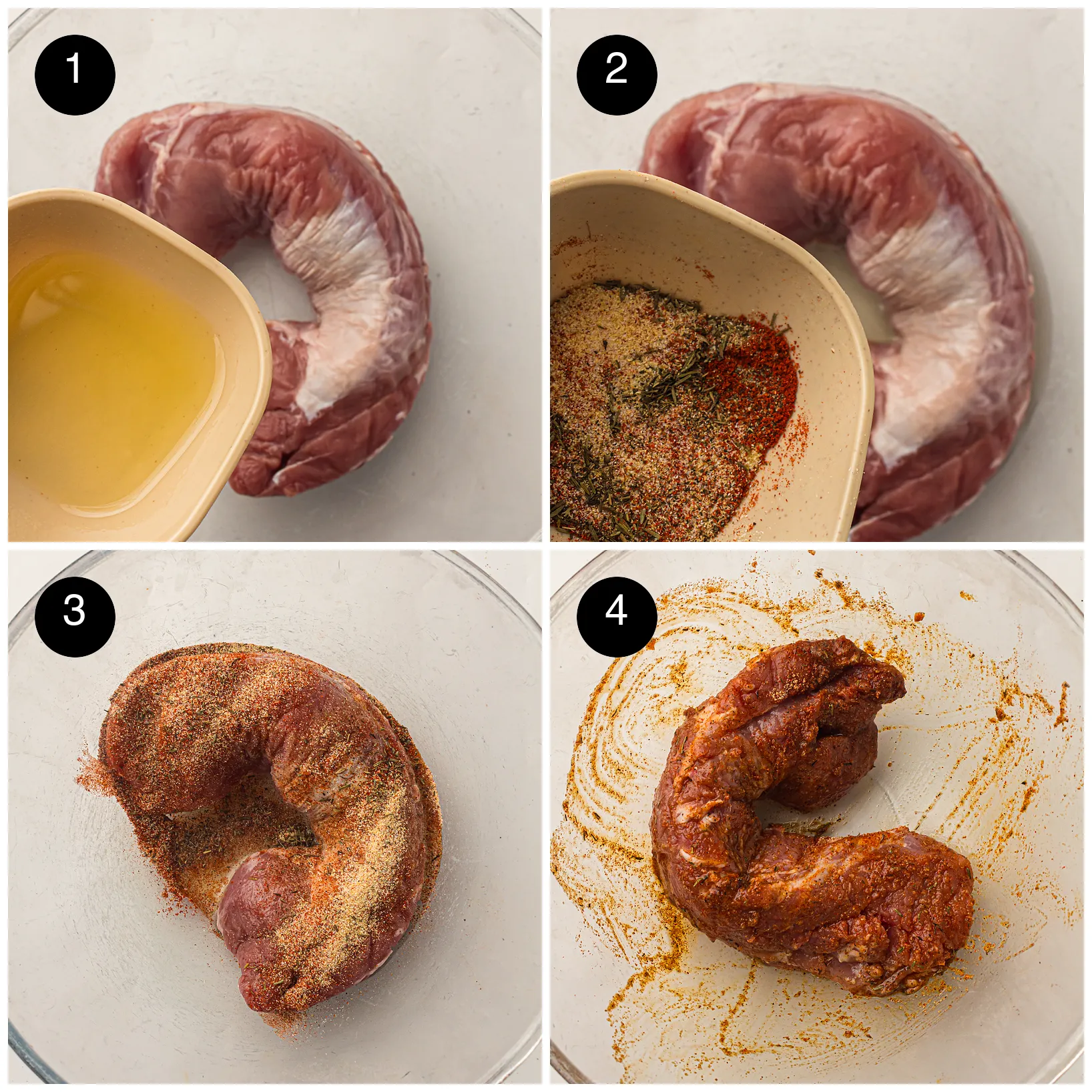 Four step photos: oil poured over the raw meat in a bowl, the spice mix, rub sprinkled on and the fully coated loin