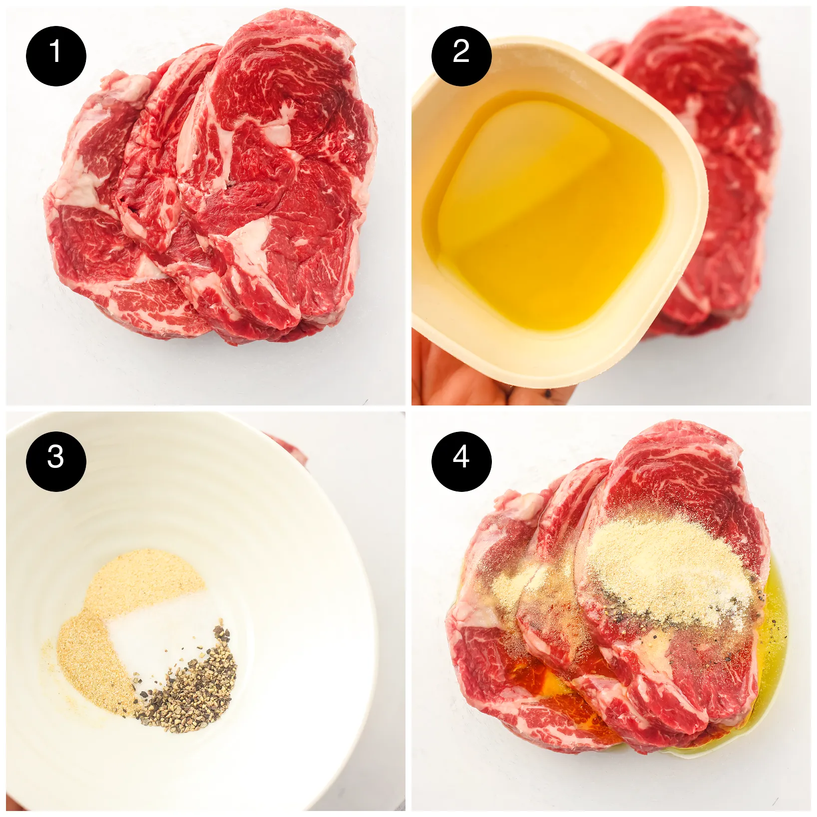 Four step photos: raw marbled steaks, a bowl of olive oil, the spice mix and the steaks seasoned in oil