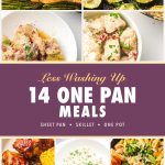 One pan meals pin with sheet pan salmon, sausage and courgette, creamy chicken, BBQ chicken, risotto and penne