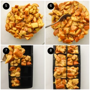 Four step photos: soaked brioche tossed with a spoon, then spooned and packed into a black silicone tray