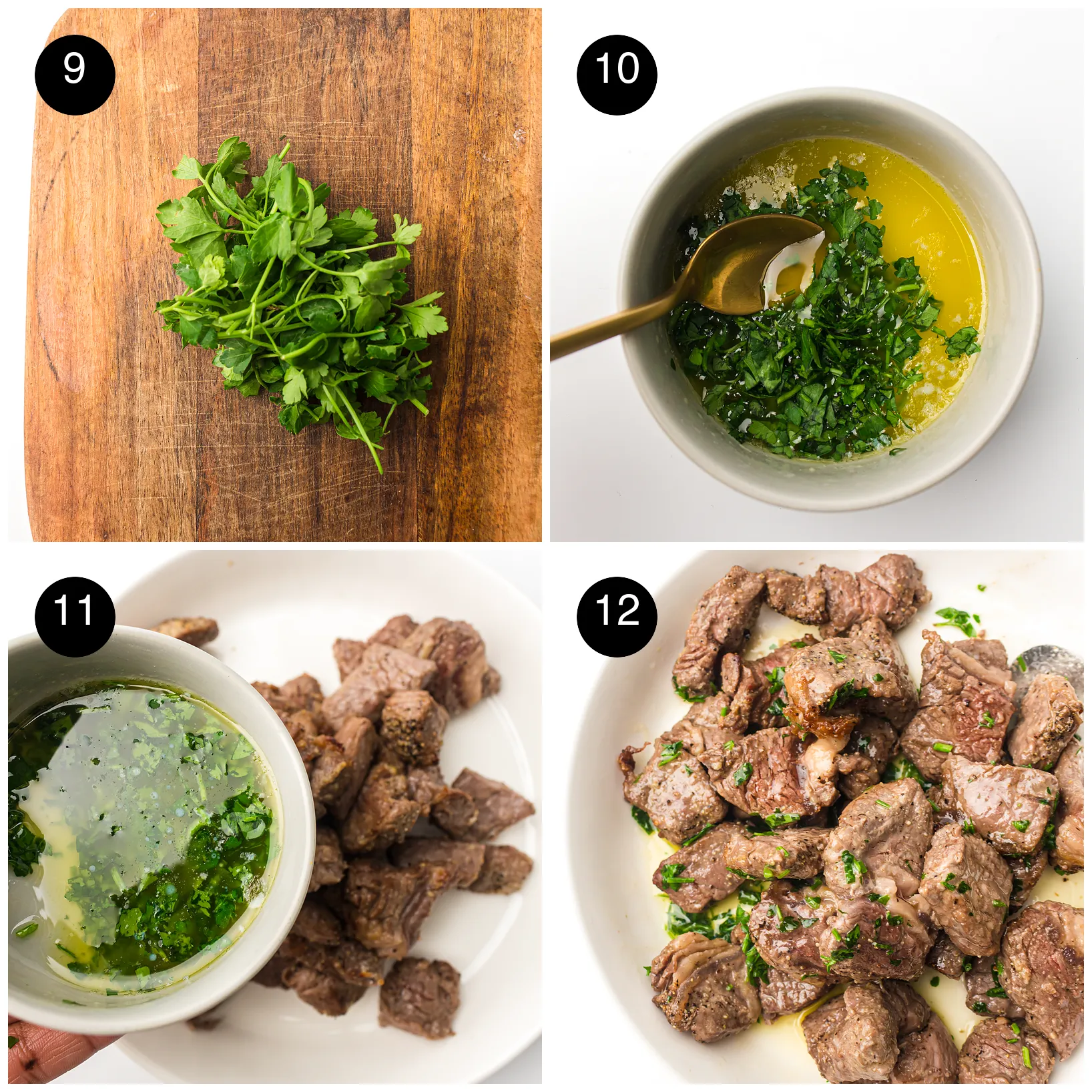 Fresh parsley chopped into melted butter, then poured over the cooked beef and tossed on a white plate
