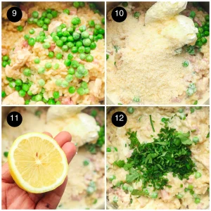 Frozen peas, mascarpone and Parmesan stirred through, a squeeze of lemon, then chives and parsley