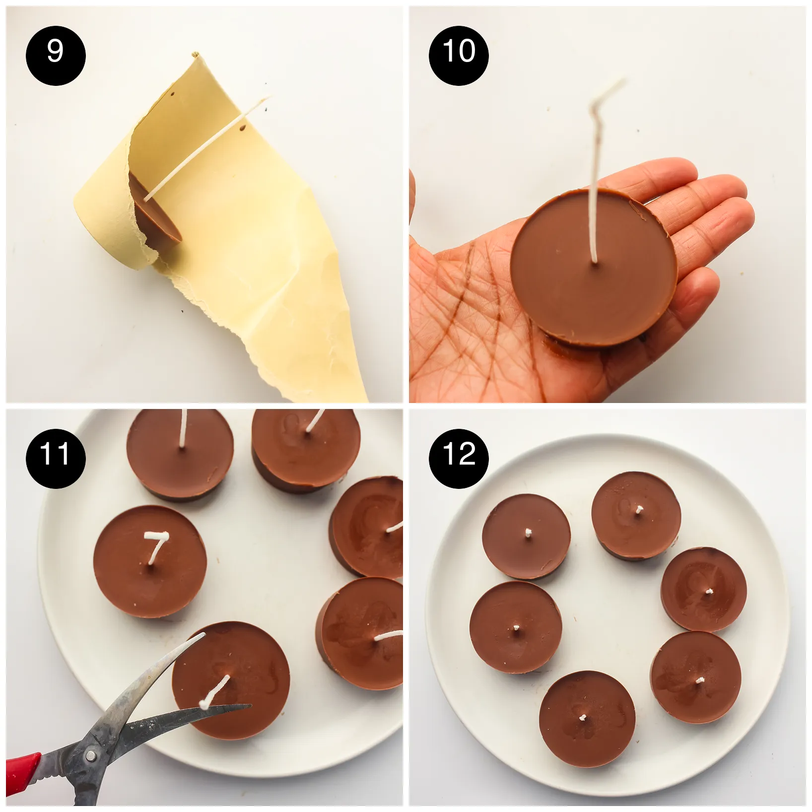 Four step photos: paper peeled from a set disc, the disc held in a palm, wicks trimmed with scissors and six discs on a plate