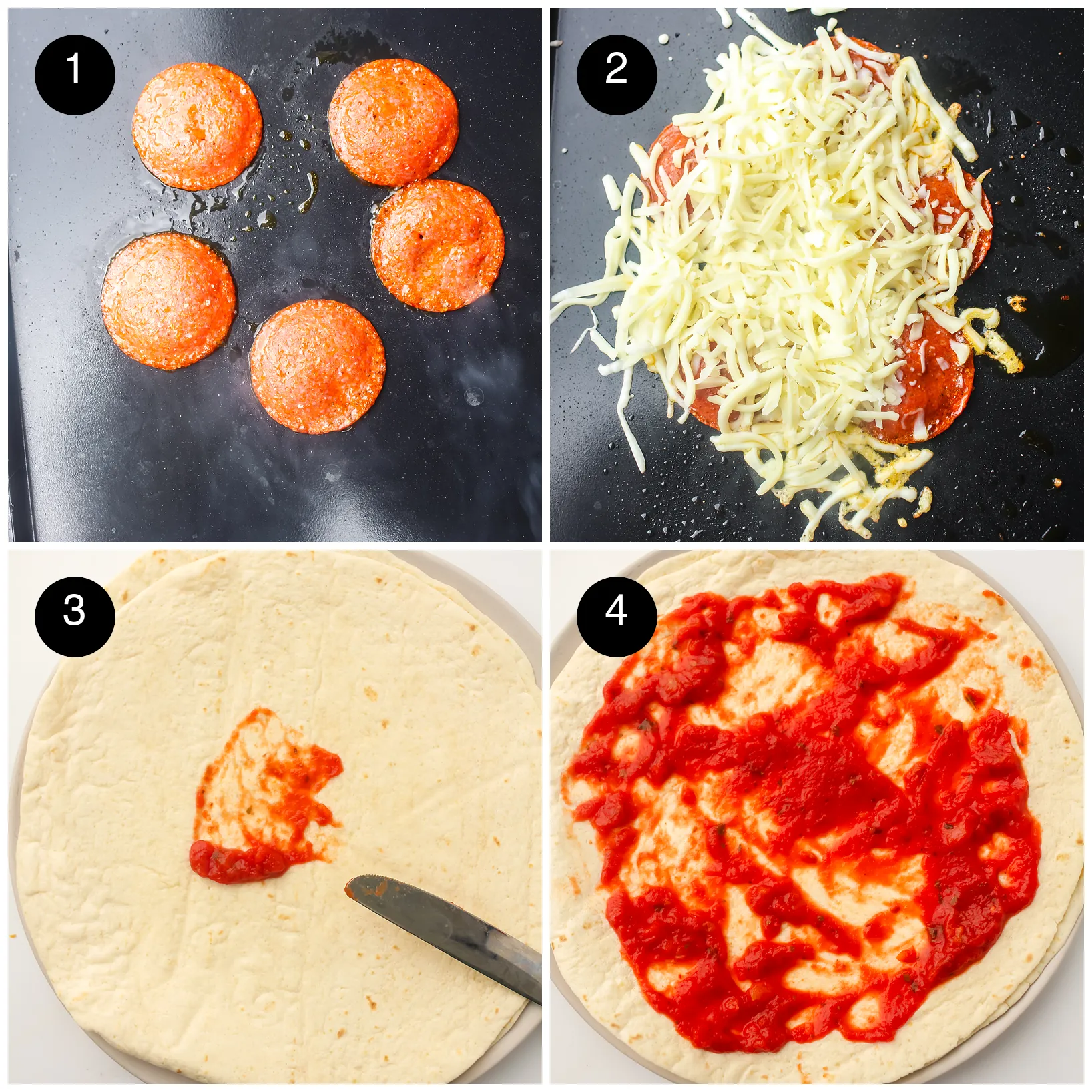 Four step photos: pepperoni slices on the hot griddle, mozzarella piled on top, and sauce spread over a flour wrap