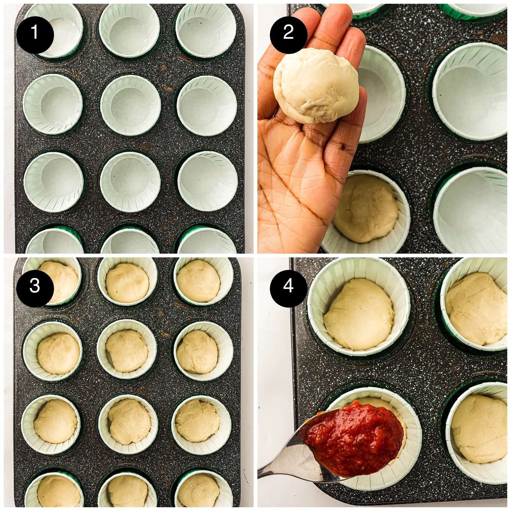 Four step photos: a tin lined with green paper cases, a ball of dough in a hand, dough pressed into each case and sauce on a spoon