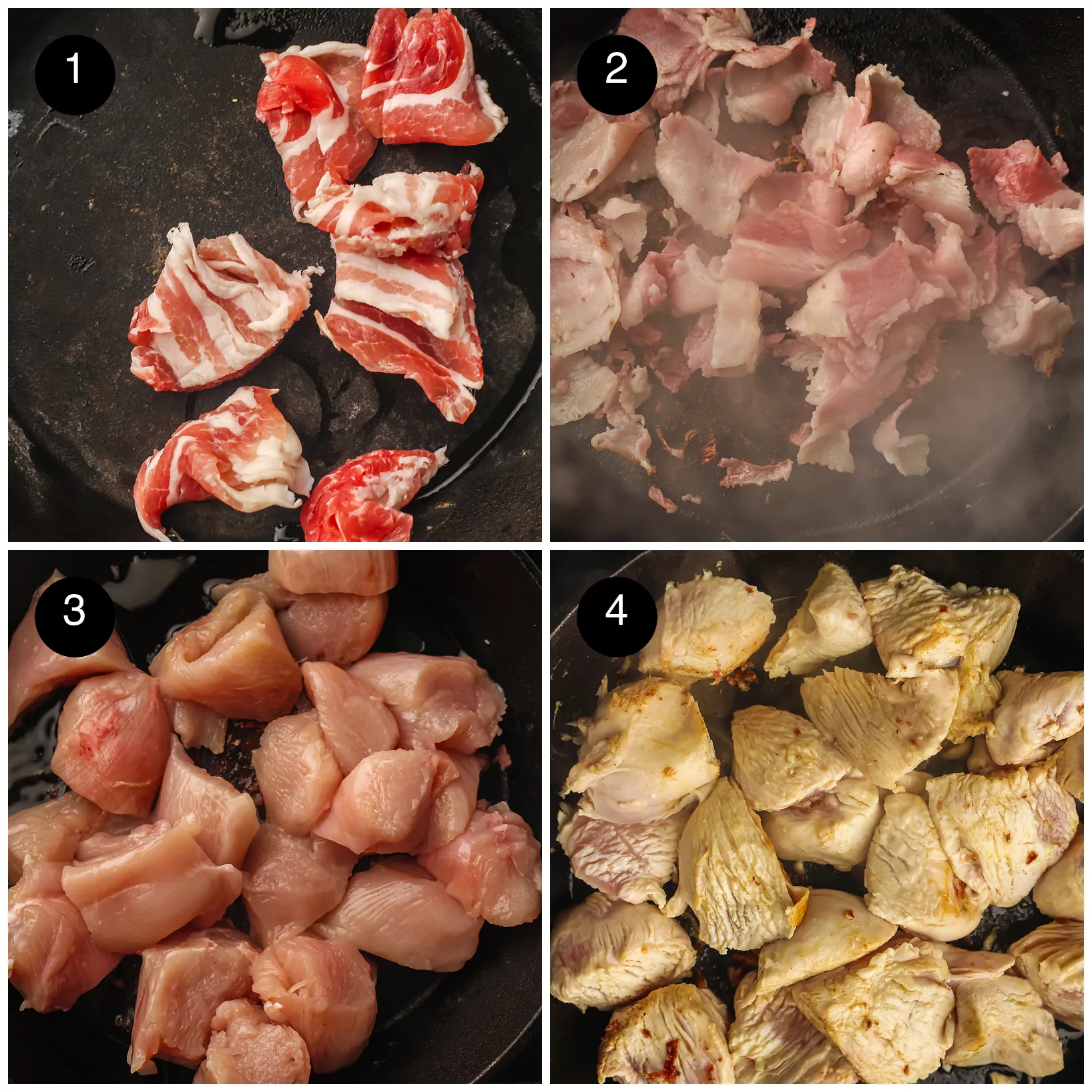 Rashers sizzling in a cast iron pan, then diced breast pieces browning in the fat