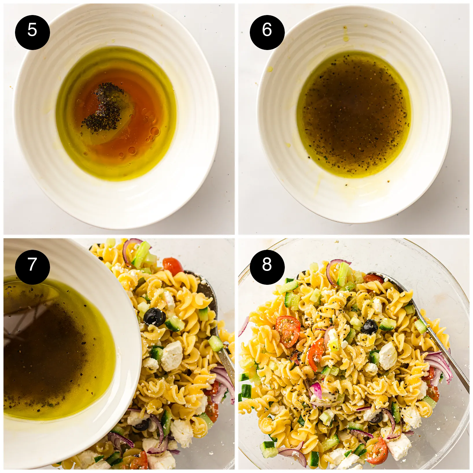 Four step photos: oil, vinegar and pepper in a white bowl, the whisked vinaigrette, pouring it over and the tossed bowl