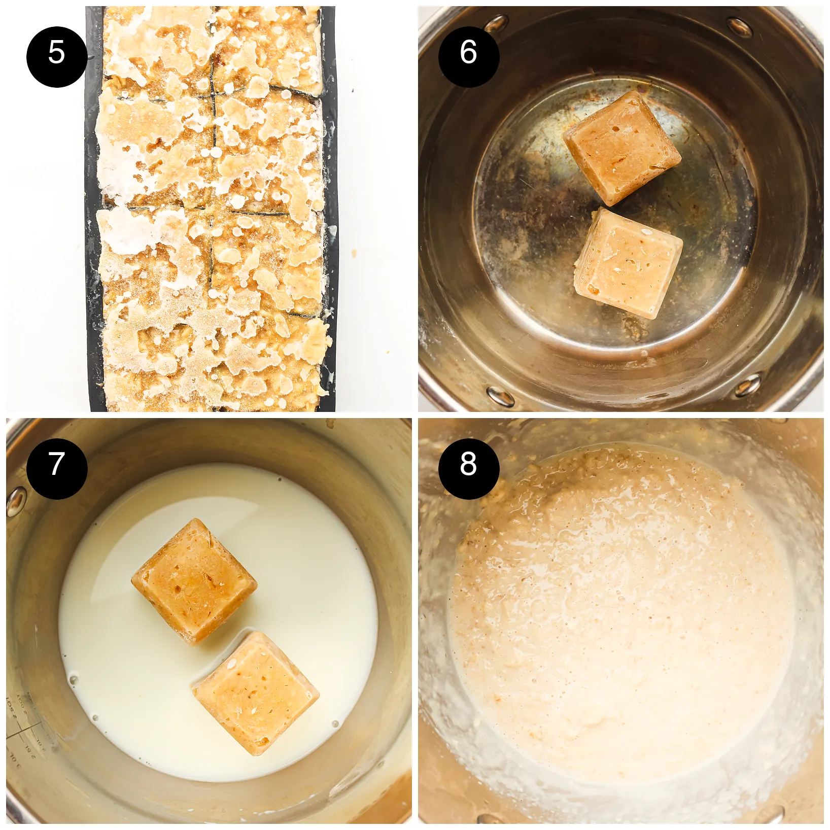 Four step photos: the tray set solid, two portions in a pan, milk added and stirred back to creamy porridge