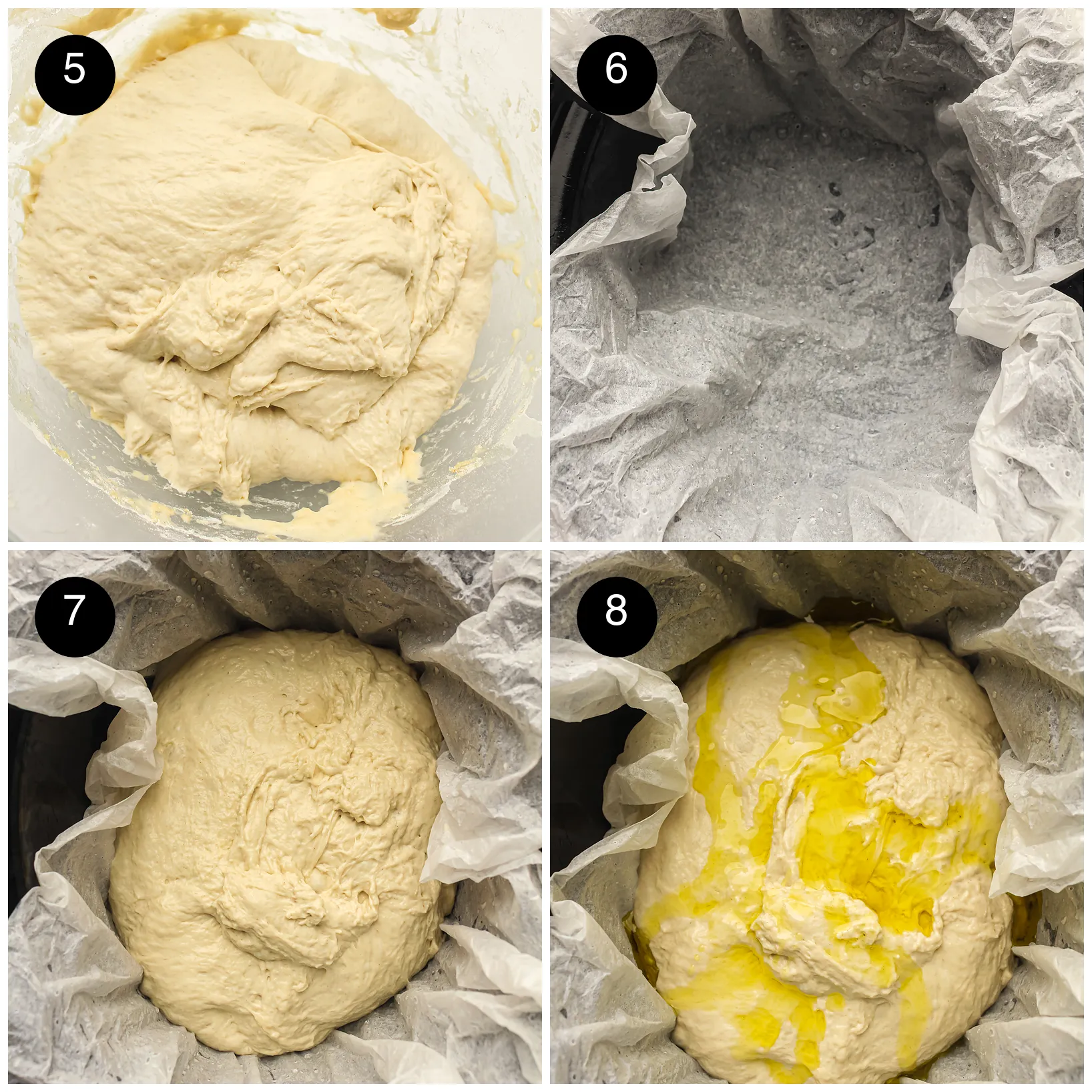 Four step photos: the risen dough, a parchment-lined crock, the dough settled inside and olive oil drizzled on top