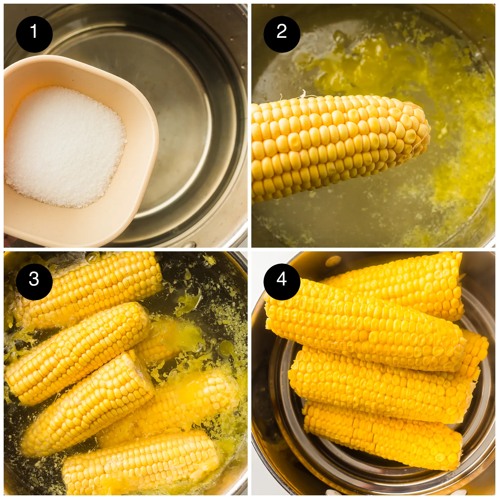 Four step photos: sugar added to a pot of water, an ear lowered in with butter melting, ears bubbling away, then drained in the pan