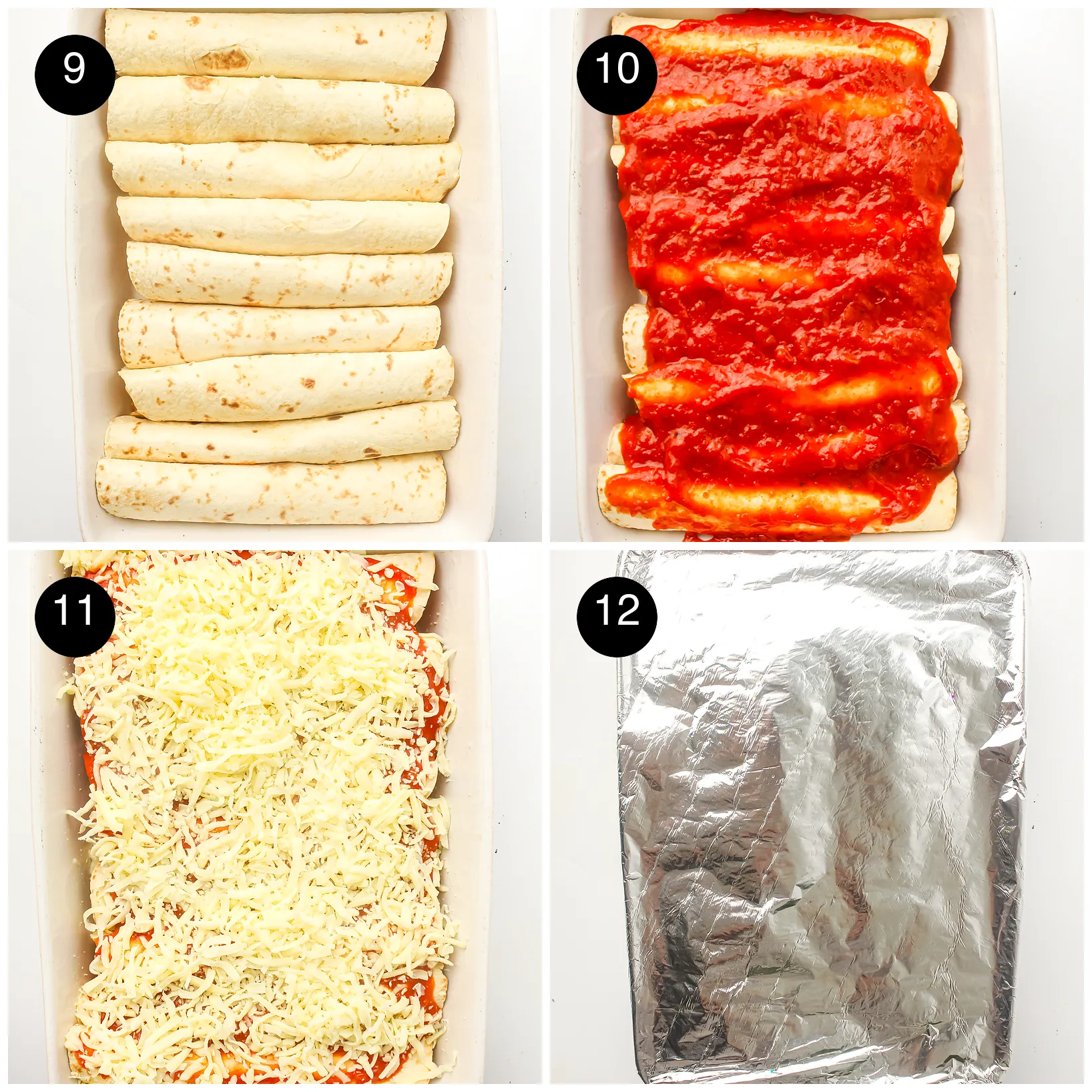 Rolled tortillas lined up, covered with sauce and cheese, then wrapped tightly in foil