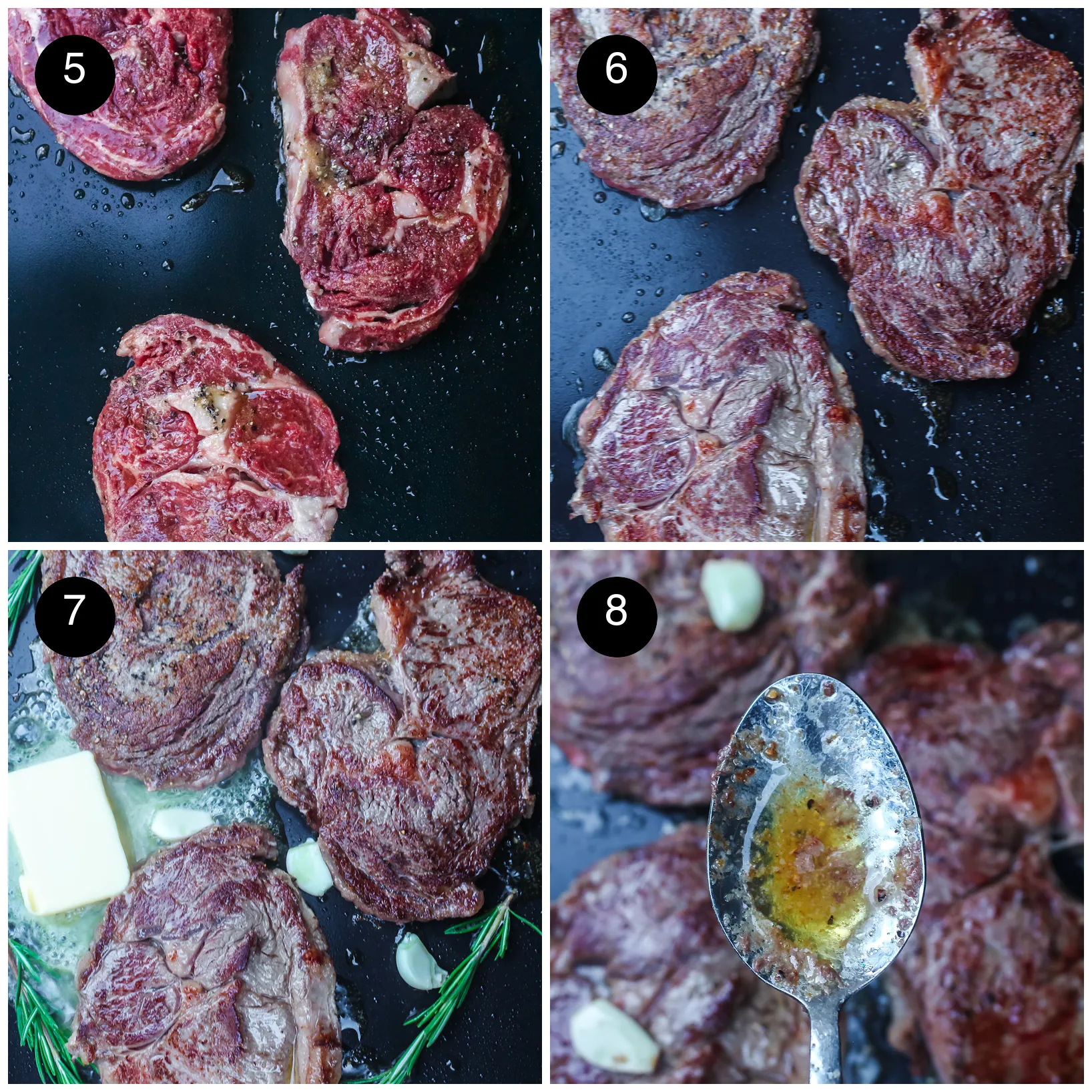 Four step photos: steaks on the hot griddle, flipped with a brown crust, butter with garlic and rosemary, then spooning butter over