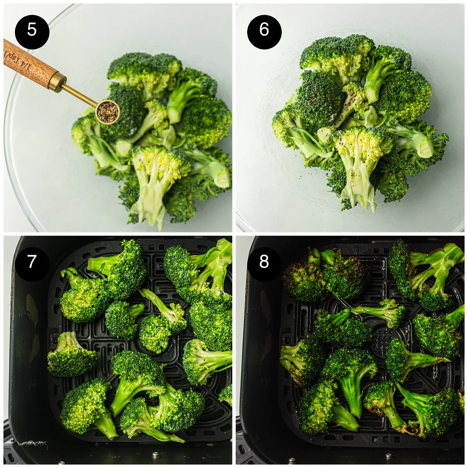 Pepper sprinkled over oiled florets, then the pieces spread out in the basket raw and again after cooking with charred tips