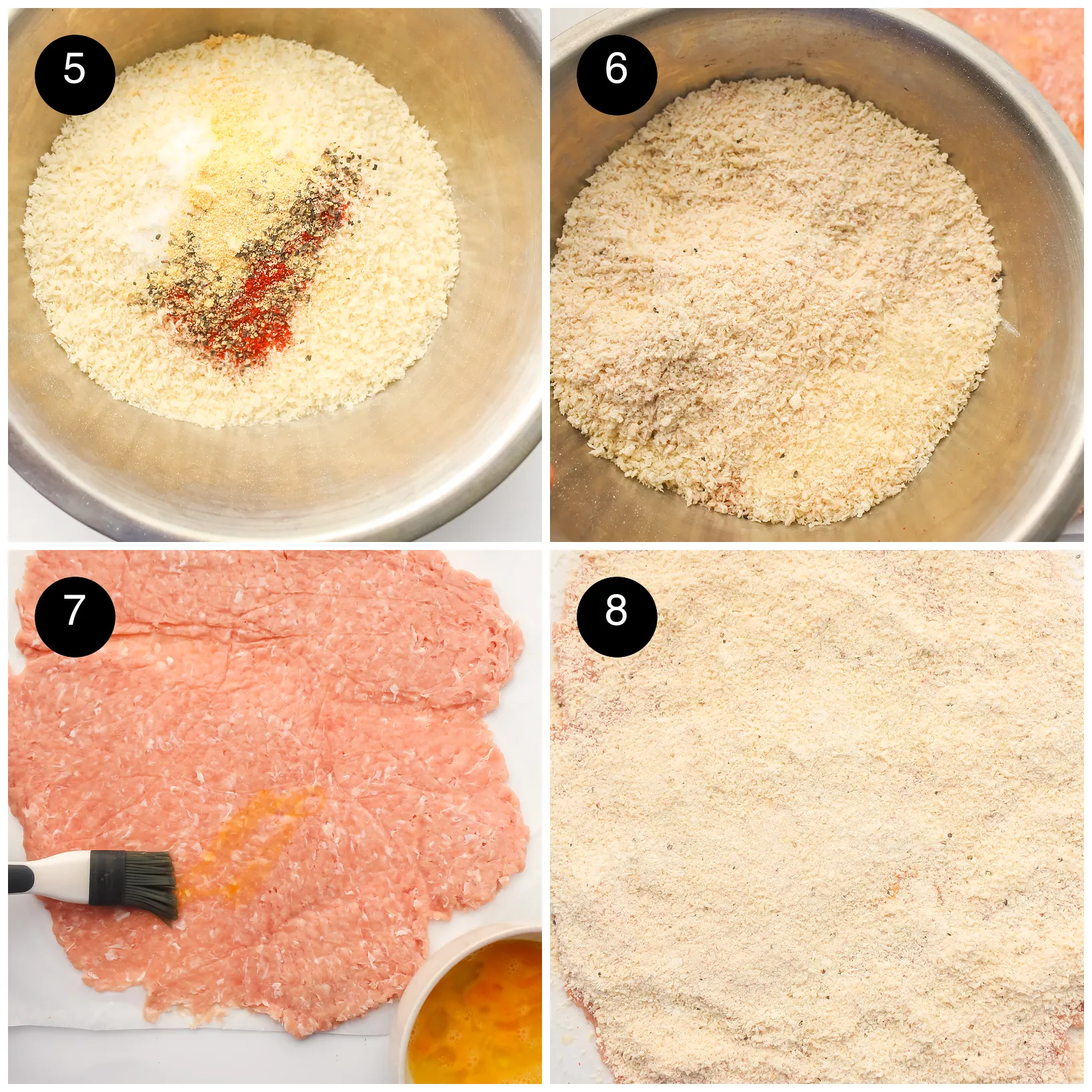 Panko mixed with paprika and garlic powder, egg brushed over the flat mince and an even crumb layer on top