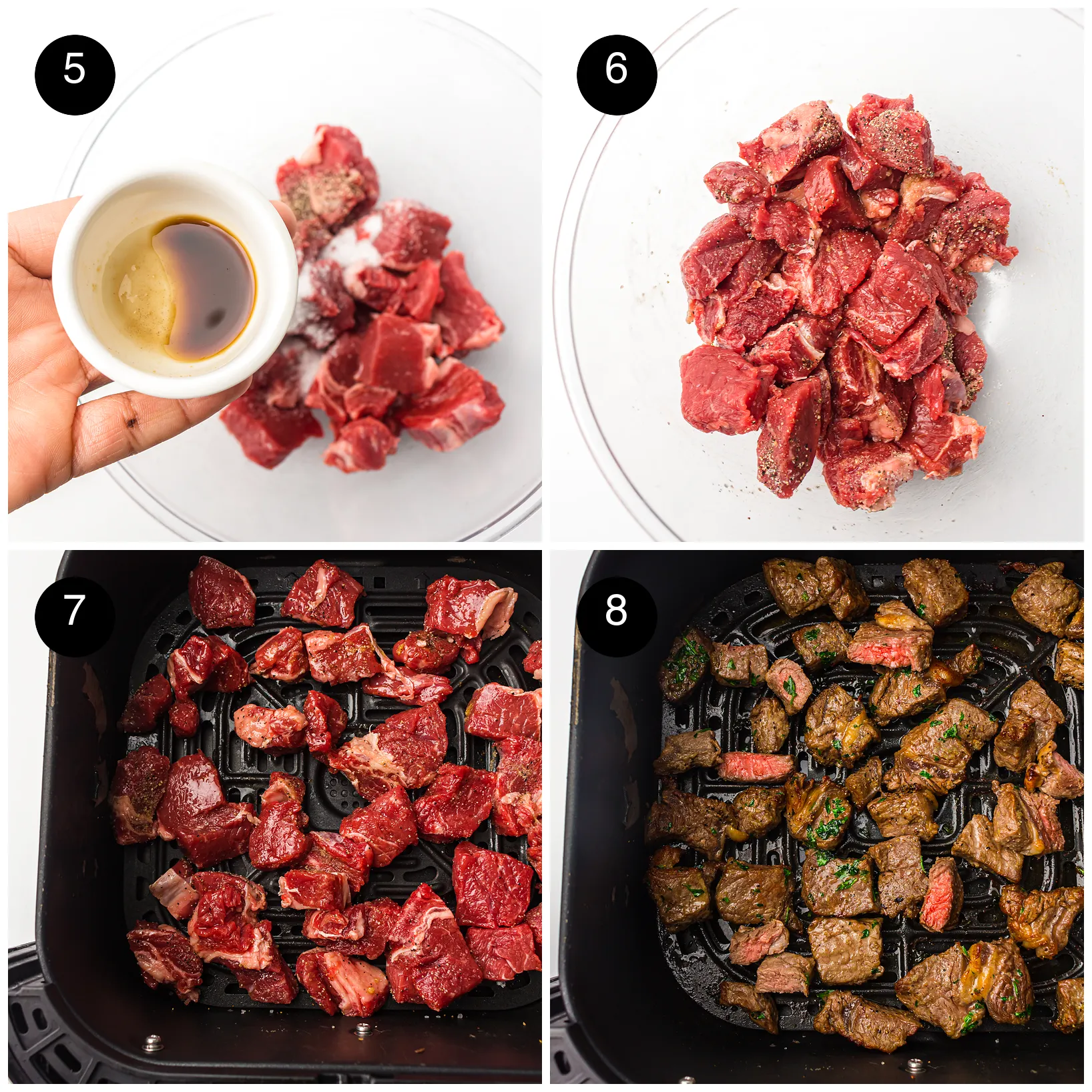 Worcestershire and oil poured over the seasoned beef, then the cubes raw in the basket and again browned after cooking