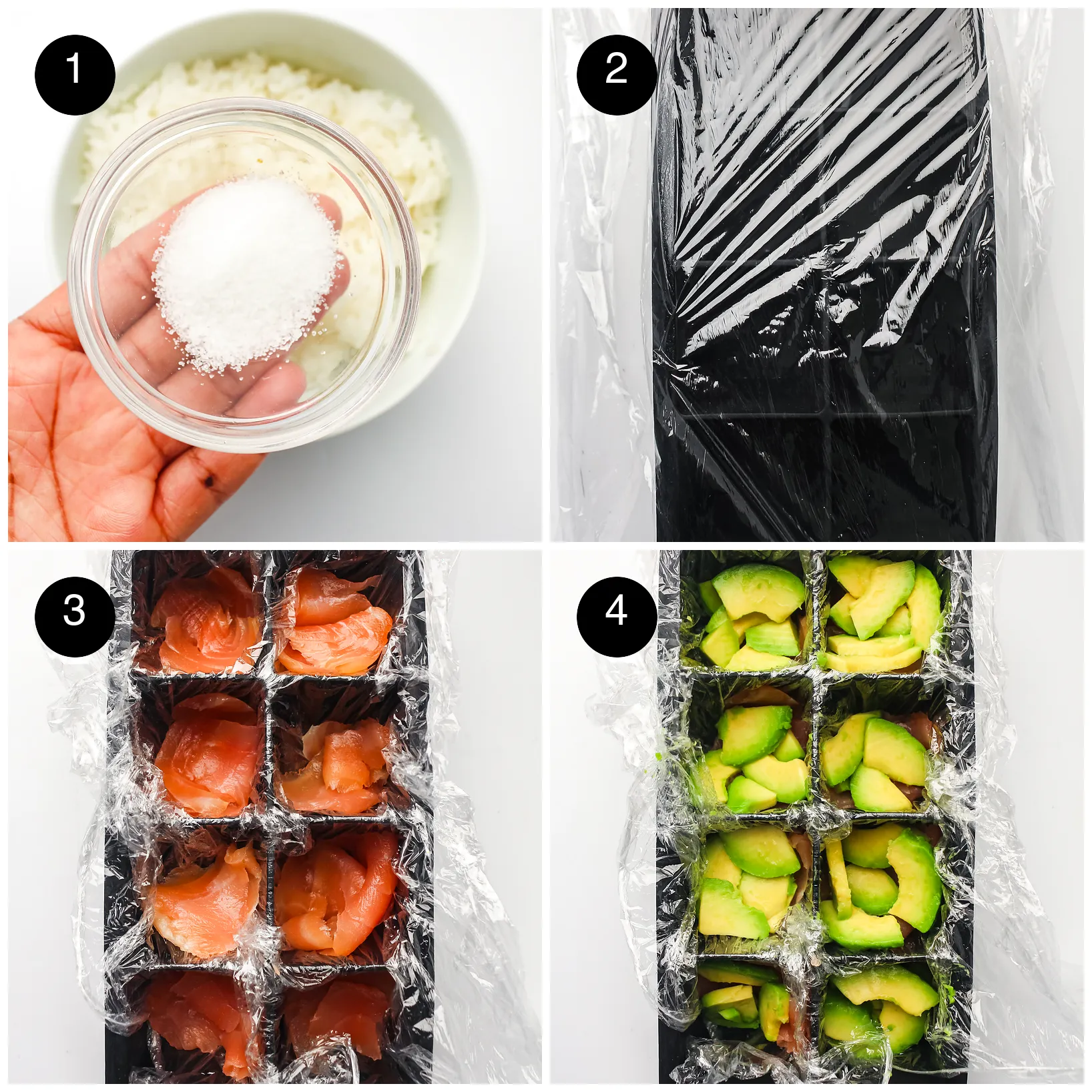 Four step photos: seasoning added to rice, a tray lined with cling film, salmon pressed into each hollow, then avocado on top