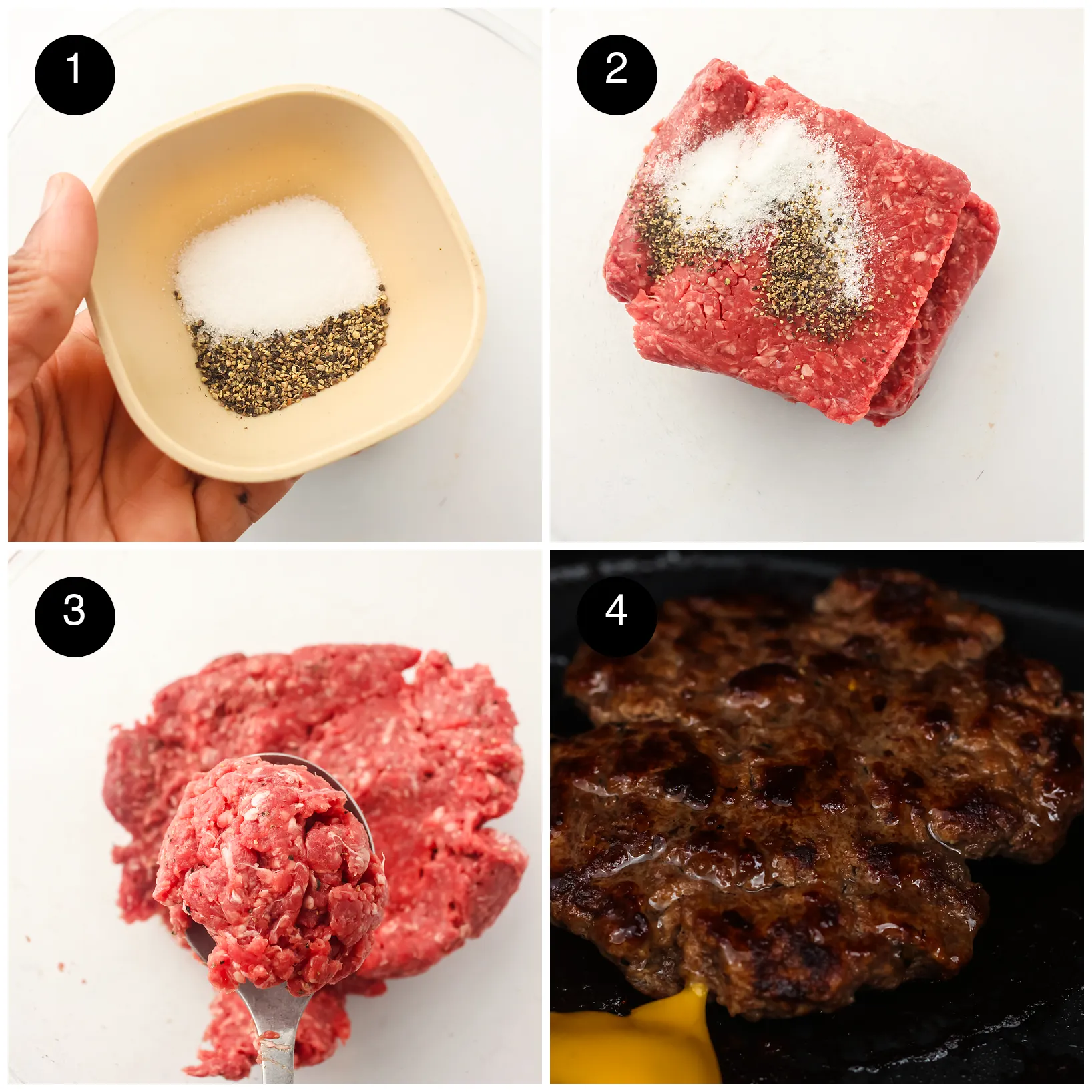 Four step photos: salt and pepper in a bowl, seasoning the mince, scooping a portion and patties searing