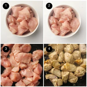 Four step photos: diced raw breast in a bowl, seasoned with salt and pepper, added to the hot pan, then seared golden