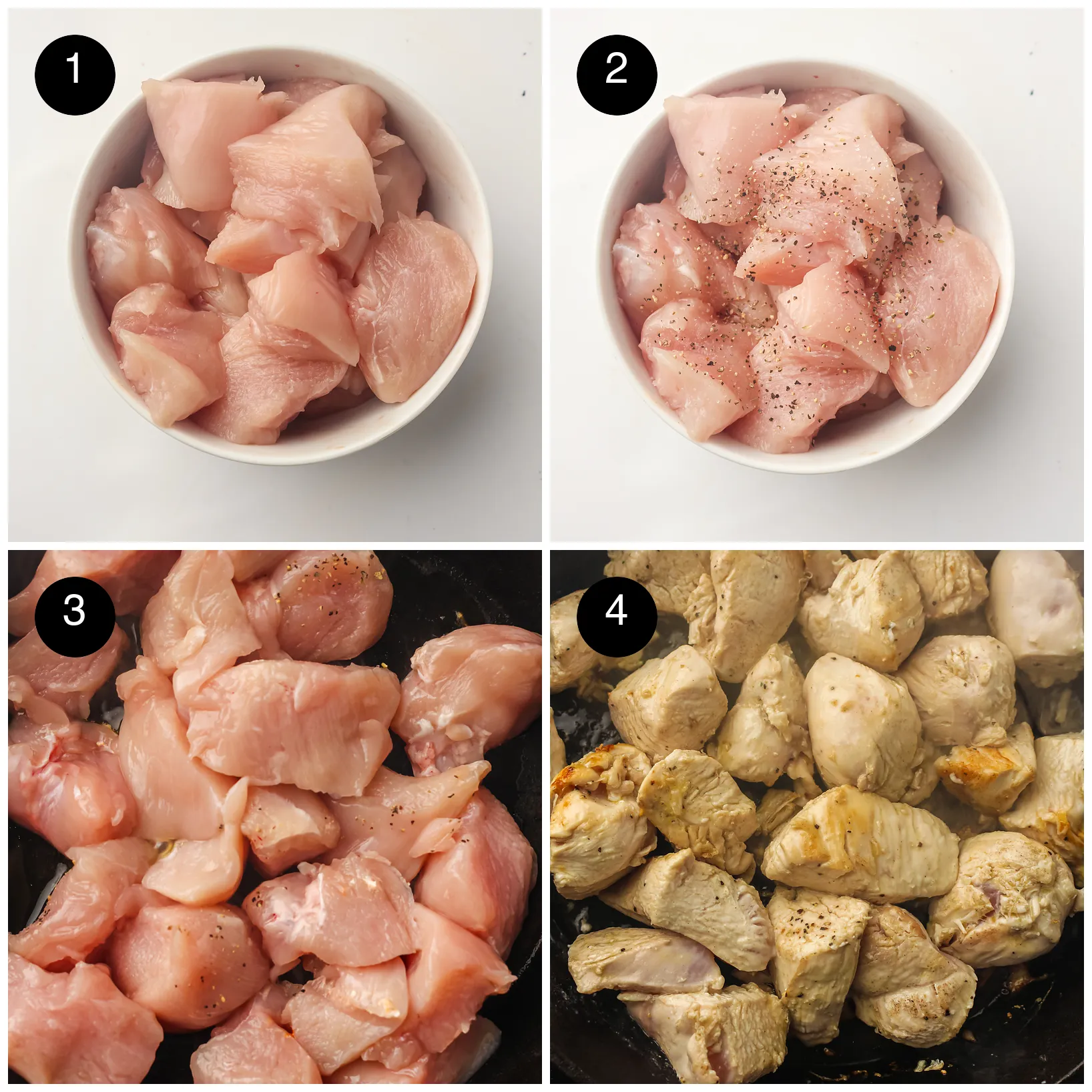 Four step photos: diced raw breast in a bowl, seasoned with salt and pepper, added to the hot pan, then seared golden