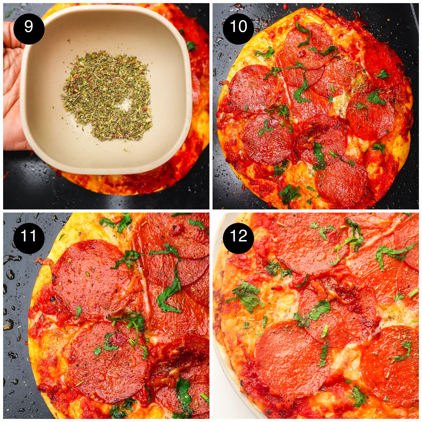 Four step photos: a bowl of dried herbs, herbs sprinkled over the crispy pepperoni round and close ups of the finished bake