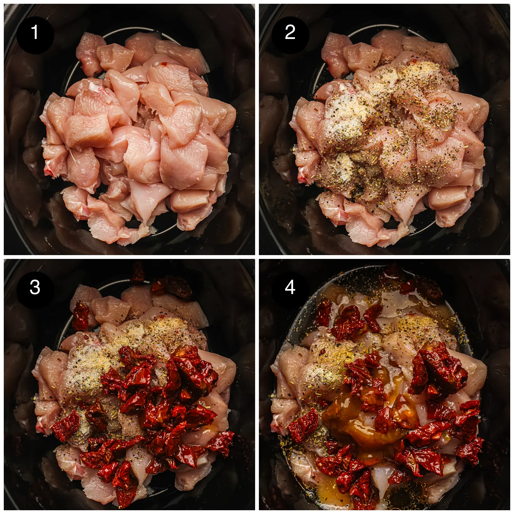 Four step photos: raw diced breast in the slow cooker, seasoning sprinkled over, sun-dried tomatoes added, then broth poured in