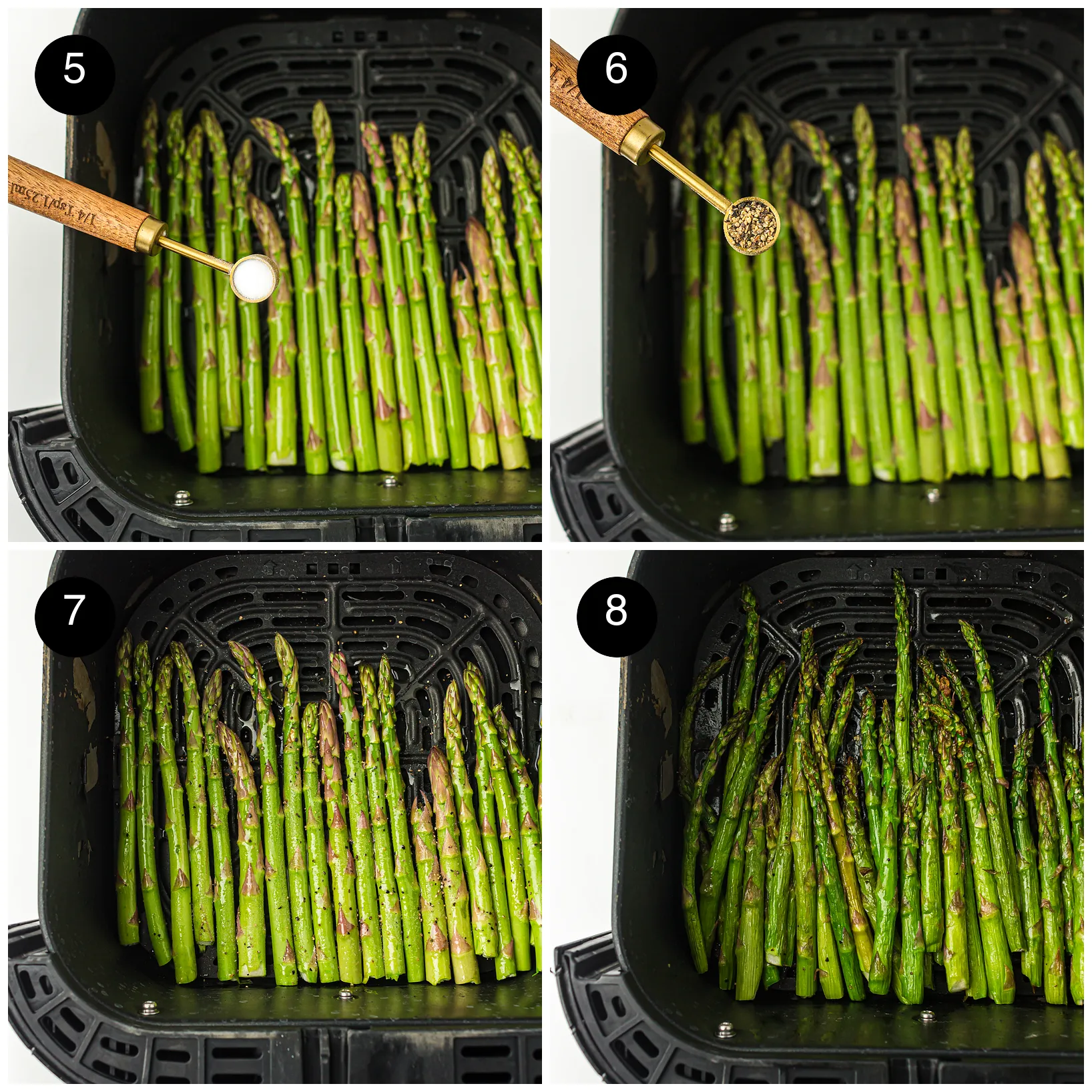 Four step photos: salt and pepper spooned over the oiled spears, then the spears cooked and lightly charred
