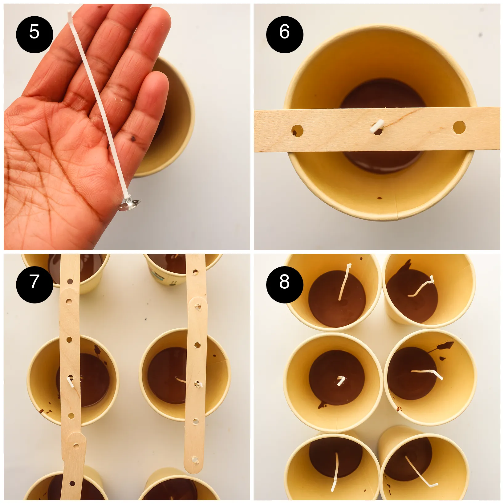 Four step photos: a wick with a metal tab, a wooden holder across a cup, holders on several cups and the wicks standing in set chocolate