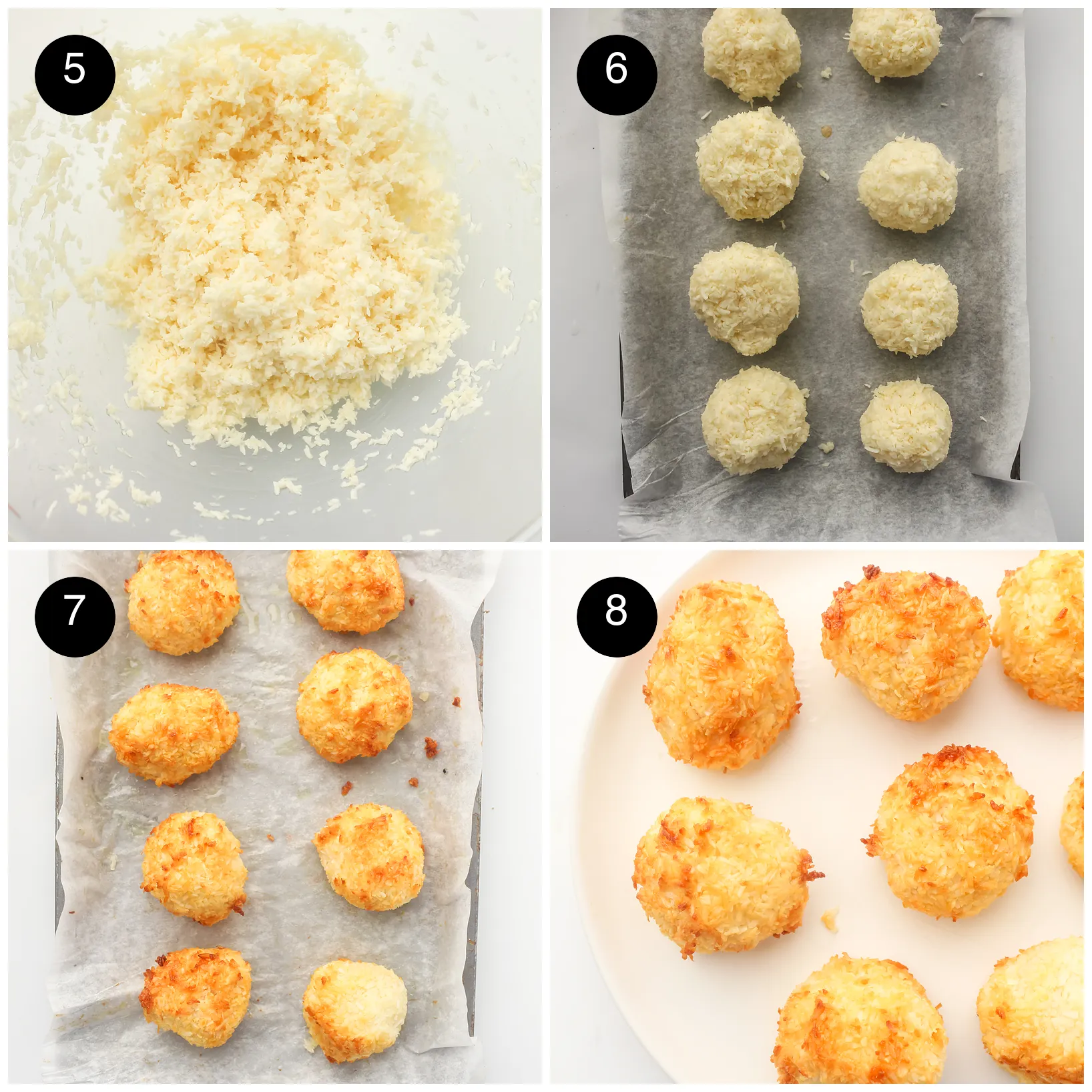 Four step photos: the shreds stirred in, mounds shaped on a lined tray, baked golden and cooled on a plate