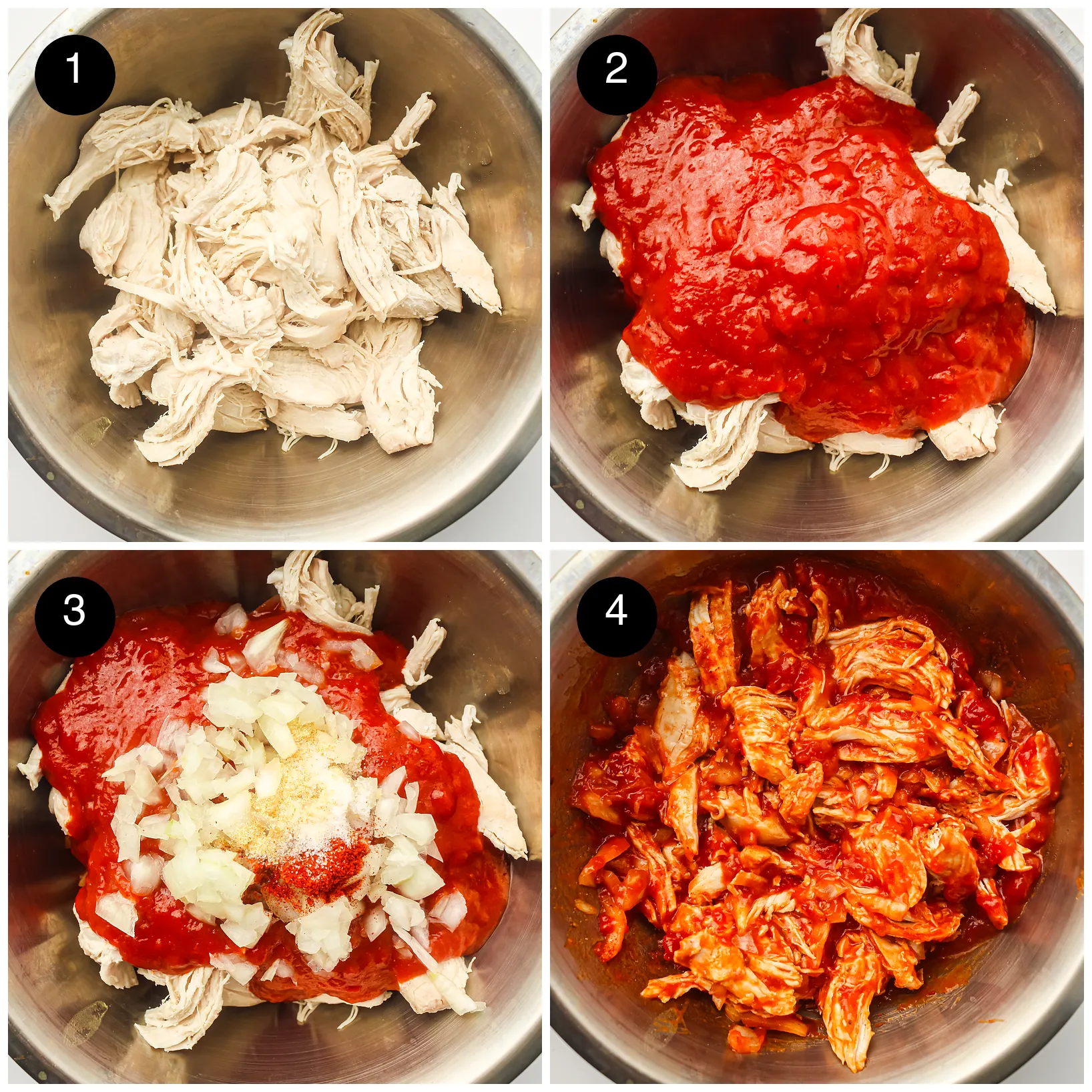 Shredded chicken mixed with red sauce, diced onion, paprika and garlic powder in a steel bowl