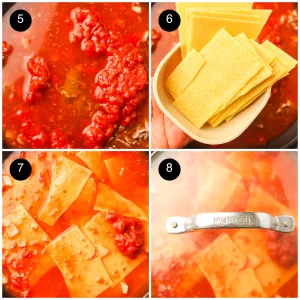 Four step photos: stock and marinara in the pan, a bowl of pasta sheets, broken pieces pushed into the sauce, then the lid on