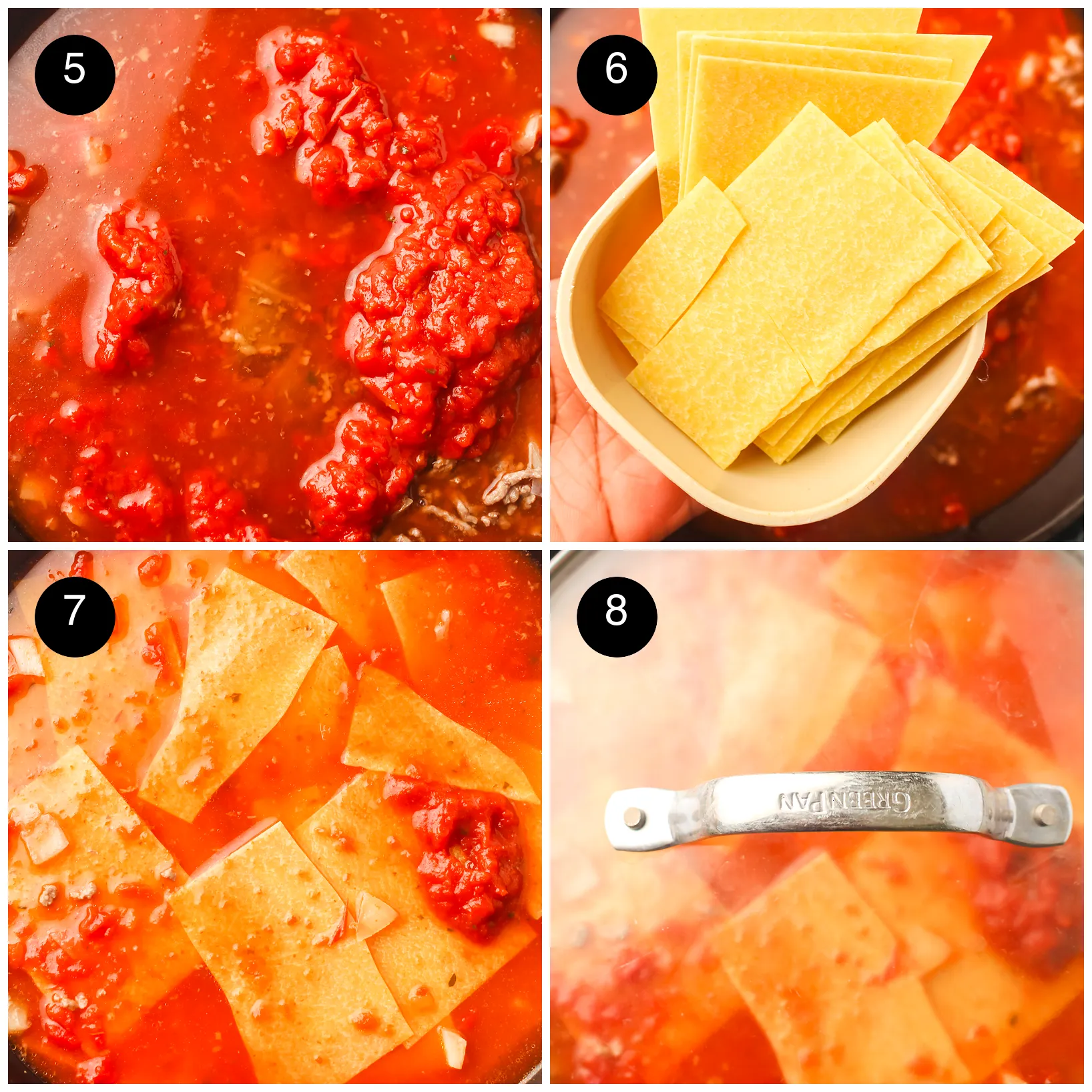 Four step photos: stock and marinara in the pan, a bowl of pasta sheets, broken pieces pushed into the sauce, then the lid on