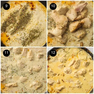Four step photos: Italian seasoning sprinkled in, seared pieces returned to the pan, simmering, then the thickened sauce